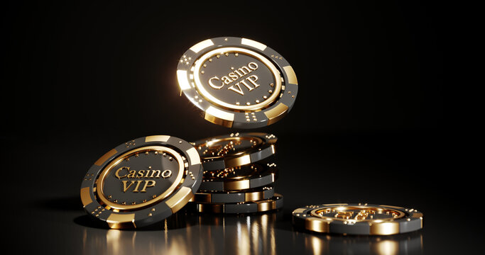 Casino chips on black background. Casino game golden 3D chips. Online casino background banner or casino logo. Black and gold chips. Gambling concept, poker mobile app icon. 3D rendering.