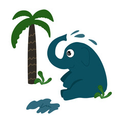 The cute elephant is watering itself. Colorful children's illustration for print. Isolated on white