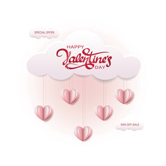 Valentine's day, sale. Paper hearts and clouds. Illustration for promotional materials, coupons, posters, website, postcards.