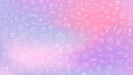 Big Doodle Valentine's Day set. Hand drawn love symbol on blurred light background. Cute greeting cards, gifts, accessories with hearts. Balloons, message sign. Pastel pink, lilac smooth vector banner