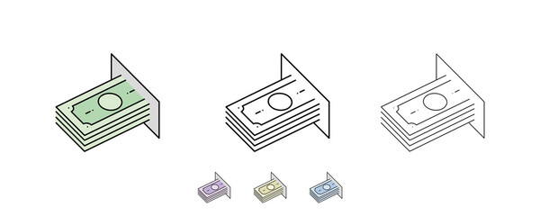 Withdraw and deposit money from the cash machine. Paper money icon. Different colors have been added as an alternative. Icons of different thickness. Thin modern art line.
