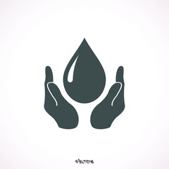 Save water sign. Hands holds water drop icon. Vector illustration, flat design.