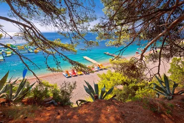 Photo sur Plexiglas Plage de la Corne d'Or, Brac, Croatie La célèbre plage turquoise de Zlatni Rat à Bol sur l& 39 île de Brac vue depuis la forêt de pins