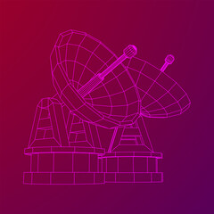 Radar. Directional radio antenna with satellite dish. Astronomy radio telescope . Wireframe low poly mesh vector illustration