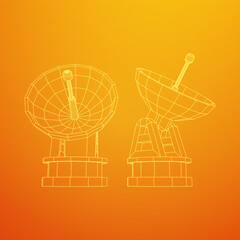 Radar. Directional radio antenna with satellite dish. Astronomy radio telescope . Wireframe low poly mesh vector illustration