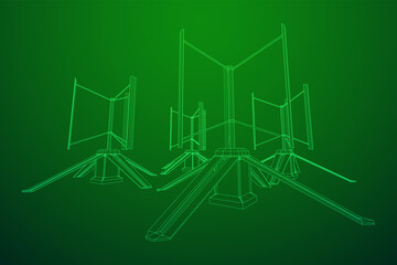 Darrieus wind turbine. Windmill generator wireframe low poly mesh. Vector illustration