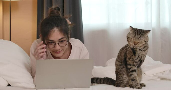 Young asian glasses woman lying on bed with cat. Pretty girl typing on laptop computer, strokes her kitten. Happy lady in casual clothes at house during quarantine. Social distance new normal concept.