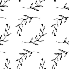 Vector background with twigs. Wrapping paper. Seamless floral pattern. Nature background. Vector background for packaging, printing, wallpaper, fabrics, papers. Branches backdrop. Hand-drawn twigs.