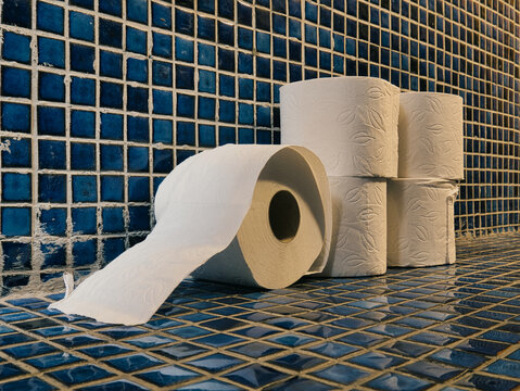 Five rolls of toilet paper on the floor of a toilet with blue tiles seen from the side