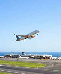 Airplane taking off airport Madeira - 410651082