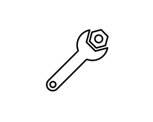 Black wrench or spanner with screw nut icon isolated on white. house repair tool. Maintain, settings, support, fix button. Service symbol. Vector illustration.