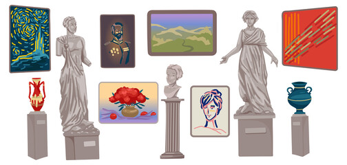 Museum exhibits, a set of statues and vases, a bust and framed paintings. Objects on a white background. Vector cartoon flat illustration
