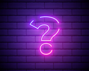 Blue glowing outline neon question mark or sign on brick wall background, ui and ux light icon and bright symbol. Vector illustration of neon question. - obrazy, fototapety, plakaty