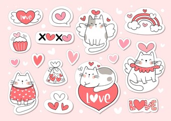 Draw collection stickers cute cat for valentine.