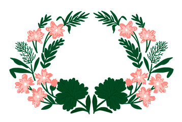 wreath of flowers. Hawaiian tropical flowers hand drawn  frame ornament greenery green. botanical nature 