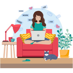 Cute young woman sitting on comfy chair with laptop computer in cozy room. Daily life of freelance worker, everyday routine.