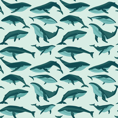 Decorative vector seamless pattern with whales. Ocean animals in trendy flat style.