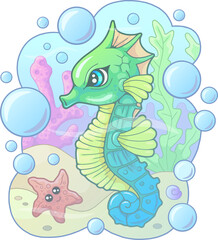 little cartoon cute seahorse, funny illustration