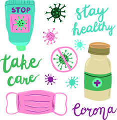 Coronavirus hand drawn vector sticker set. Trendy flat medical elements: virus, pills, medicine, syringe, vaccine, disinfection, hand washing, soap, ampoule, protectin mask, ffp2. Lettering covid-19