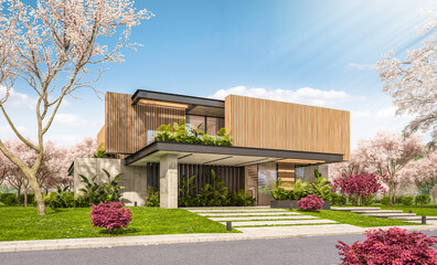 Fototapeta na wymiar 3d rendering of modern cozy house with parking and pool for sale or rent with wood plank facade and beautiful landscaping. Fresh spring day with a blooming trees with flowers of sakura on background