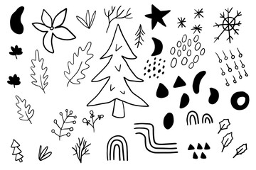Cute cartoon hand drawn set of winter holidays elements isolated on white background. Collection of floral, geometric shapes.  