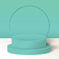3d Stage background minimal scene with soft green colour. Podium 3d vector illustration. Podium stand to show product.Stage showcase on pedestal studio. -3d Vector Illustration