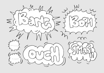 Hand drawn set of speech bubbles with handwritten text:bang,boom,ouch,smash.