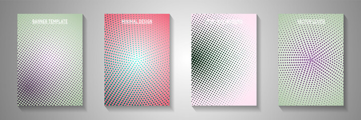 Futuristic dot perforated halftone front page templates vector series. Corporate booklet faded