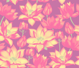 Botanical seamless pattern, lotus flowers and buds background.