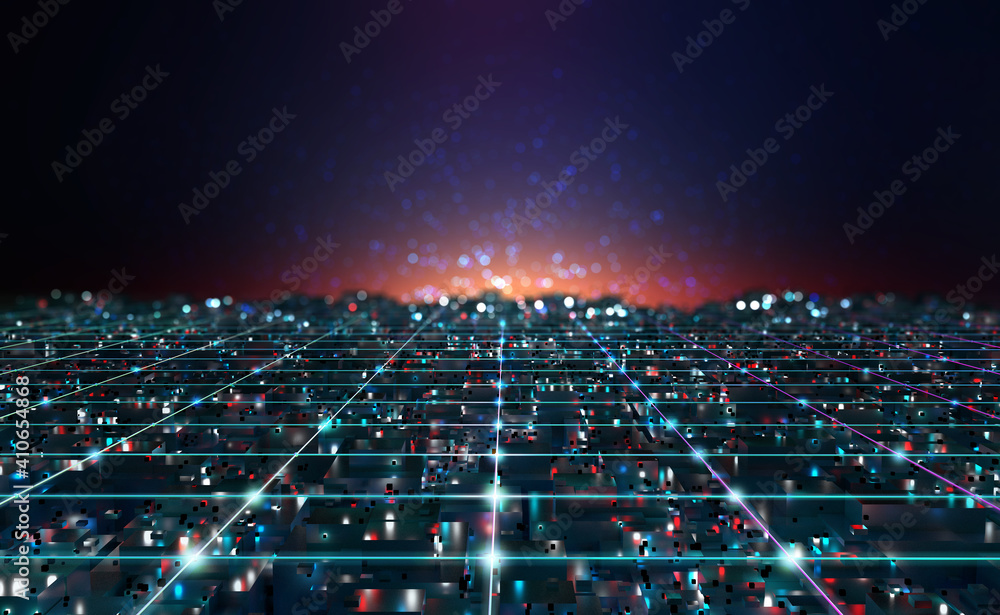 Poster Cyberpunk Digital city. Global Cyberspace. 3D illustration of wireless internet technologies. Database protection and secure transmission of information on blockchain network