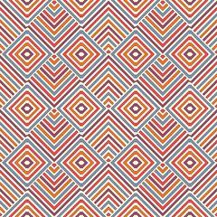 Wicker seamless pattern with geometric ornament. Vivid colors background with overlapping stripes. Fish scale motif.