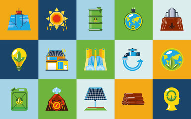 energy renewable ecology sources of energy, collector panels and energy production icons
