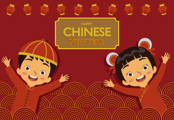 Illustration or vector of Chinese New Year greetings with cute chinese boy and girl wearing chinese traditional clothes on red background.