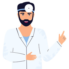 Man otolaryngologist doctor with head reflector. Vector illustration