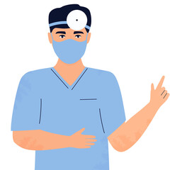 Man otorhinolaryngologist doctor in protective mask and head reflector. Vector illustration