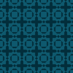 Abstract geometric seamless pattern. Simple vector background with crosses, squares, diamonds, flower silhouettes, grid, lattice. Retro vintage style. Teal color. Repeat design for decor, fabric