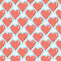 Overlapped hearts vector repeat pattern. Aqua and pink romantic illustration background.