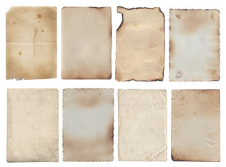 Set of Old various vintage rough paper with scratches and stains texture isolated