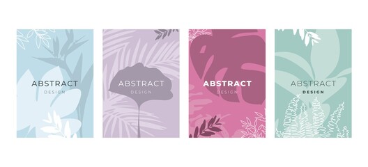 Collection of decorative cards with branches, leaves and text. Set of creative cards with colorful tropical leaves for Banner, Poster, Invitation, Brochure, Flyer