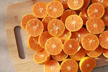 orange slices on a wooden table