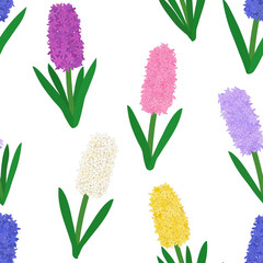 Fototapeta na wymiar Seamless pattern colored hyacinths flowers. Botanical colourful vector illustration
