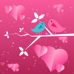 Happy valentines day Soft pink background with two cute bird sitting on Tree slope, pink background