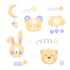 Animal heads, cloud, moon, stars isolated on a white background. The face of a ram, a hare, and a bear with its eyes closed.A set of cute simple cartoon elements for children's designs, vector.