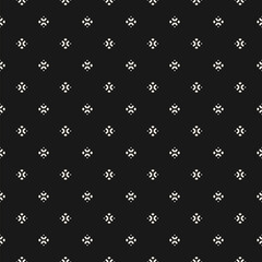 Vector minimalist background. Simple geometric seamless pattern with tiny floral silhouettes, small diamond shapes, crosses. Subtle monochrome abstract texture. Dark minimal design for decor, cover