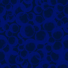 Blue seamless raster pattern. Blue transparent bubbles of different sizes are randomly scattered on a dark blue background.