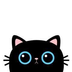 Black cat head face silhouette. Funny Kawaii animal. Blue eyes. Pink ears. Baby card. Cute cartoon funny character. Pet collection. Flat design. White background. Isolated.