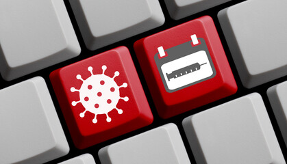 Impftermin buchen - Coronavirus Symbol und Kalender auf roter Computer Tastatur