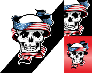 illustration of skull head with American flag, guns and red roses