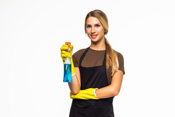 Portrait of woman holding a sprayer isolated on white background. Ready for cleaning