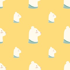 White bear head profile seamless pattern in hand drawn funny style. Orange pastel background.
